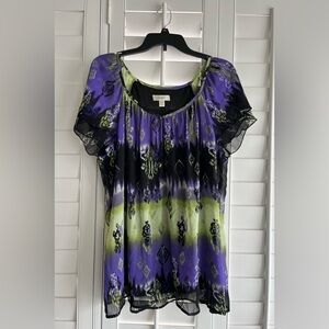 DRESSBARN Black Purple Green Multi-color Flutter Sleeve Scoop Neck Top 14/16